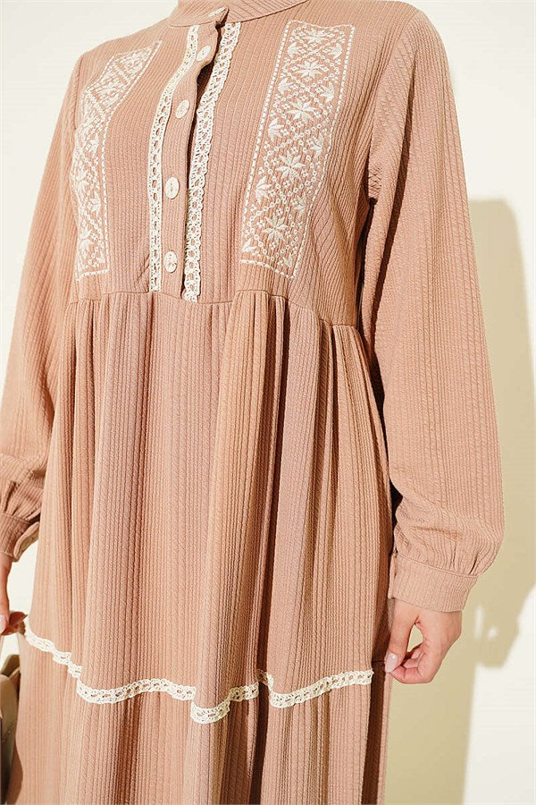 Lace Embroidered Knitted Dress Latte