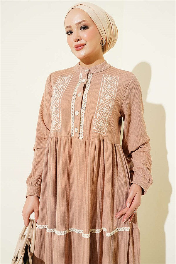Lace Embroidered Knitted Dress Latte