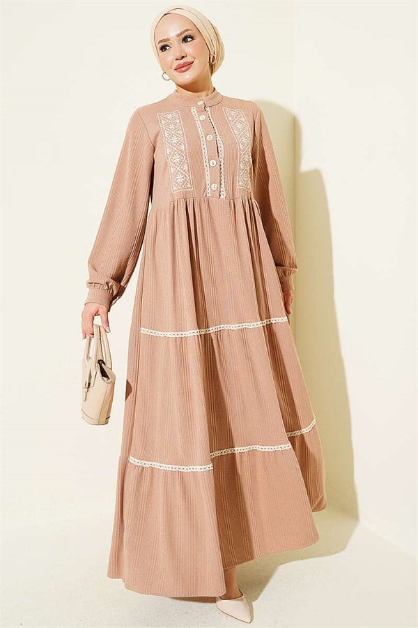 Lace Embroidered Knitted Dress Latte