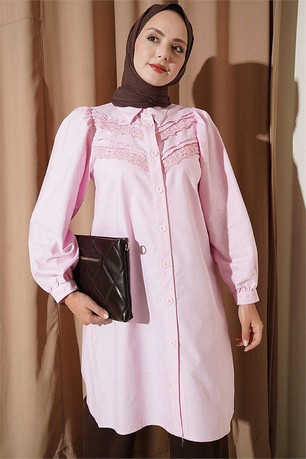 Lace Ribbed Tunic Pink