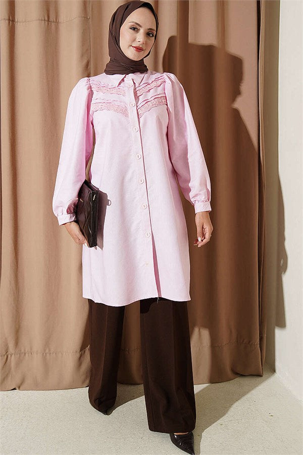 Lace Ribbed Tunic Pink