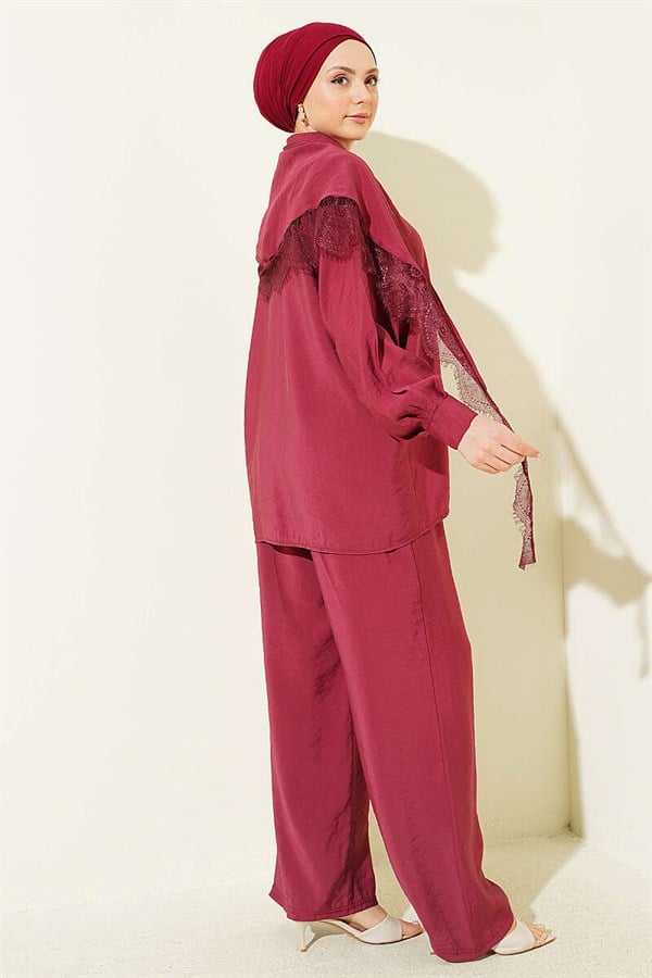 Lace Shawl Detail Hidden Button 2 Piece Set Burgundy