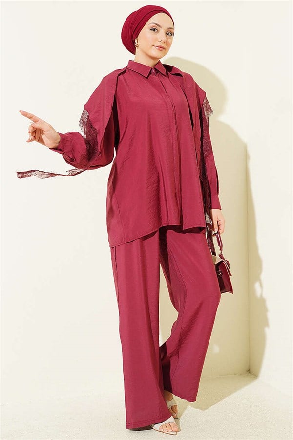 Lace Shawl Detail Hidden Button 2 Piece Set Burgundy
