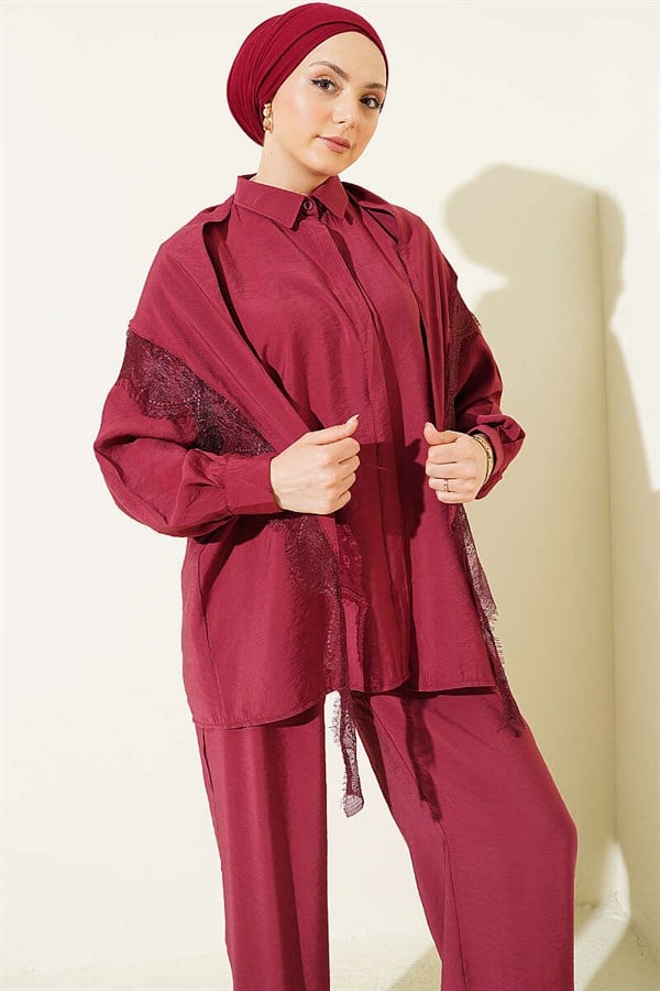 Lace Shawl Detail Hidden Button 2 Piece Set Burgundy