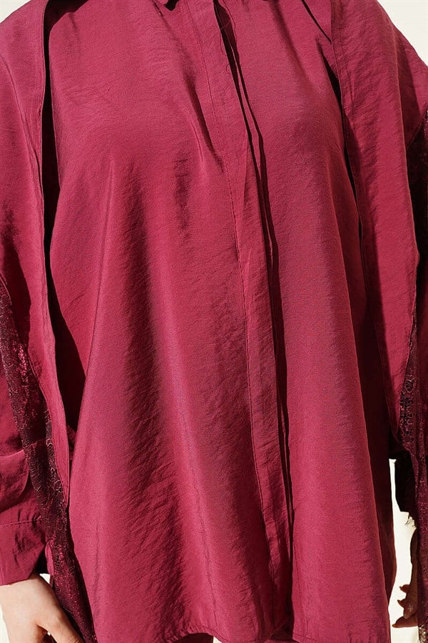 Lace Shawl Detail Hidden Button 2 Piece Set Burgundy