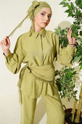 Lace Shawl Detail Hidden Button 2 Piece Set in Light Green