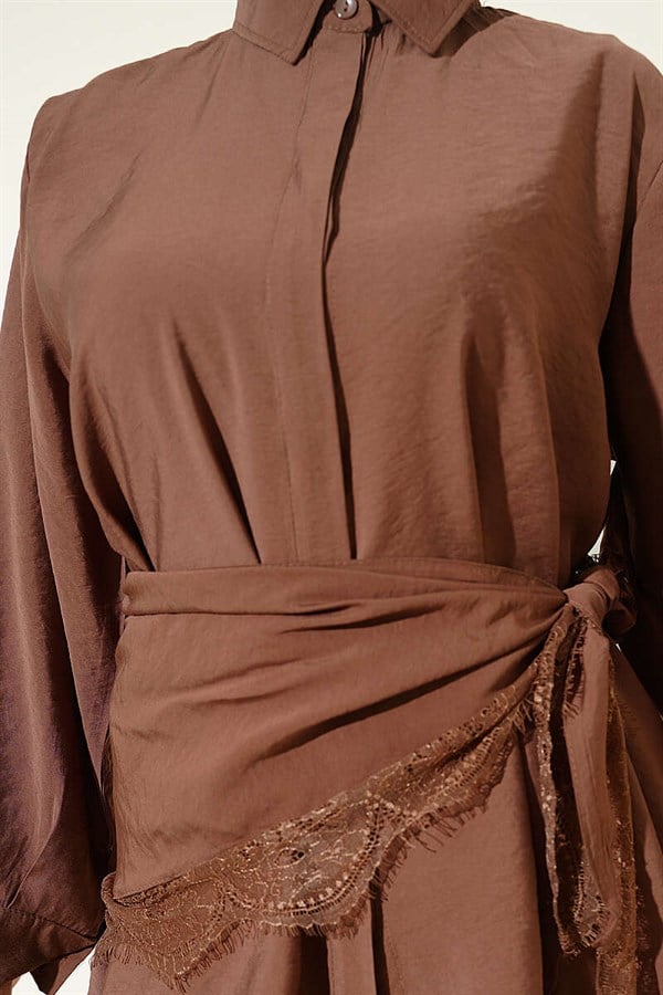 Lace Shawl Detail Hidden Button 2 Piece Set Coffee