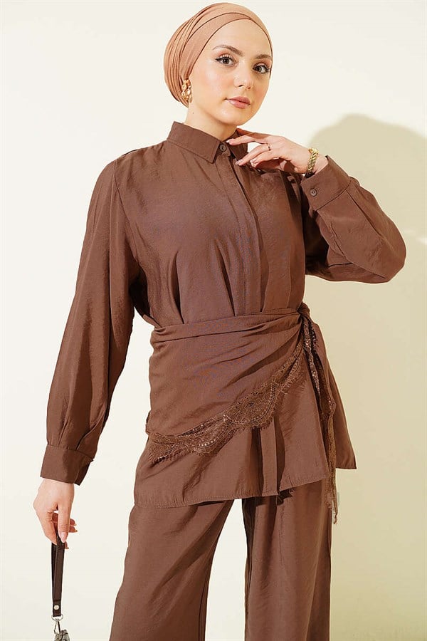 Lace Shawl Detail Hidden Button 2 Piece Set Coffee