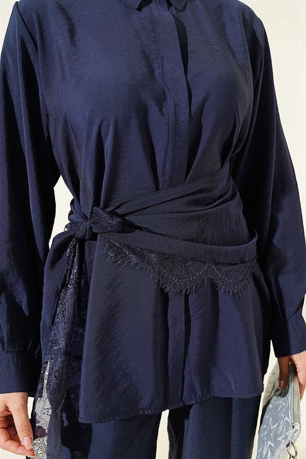 Navy Blue 2 Piece Set with Lace Shawl Detail and Hidden Button Closure