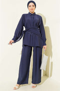 Navy Blue 2 Piece Set with Lace Shawl Detail and Hidden Button Closure