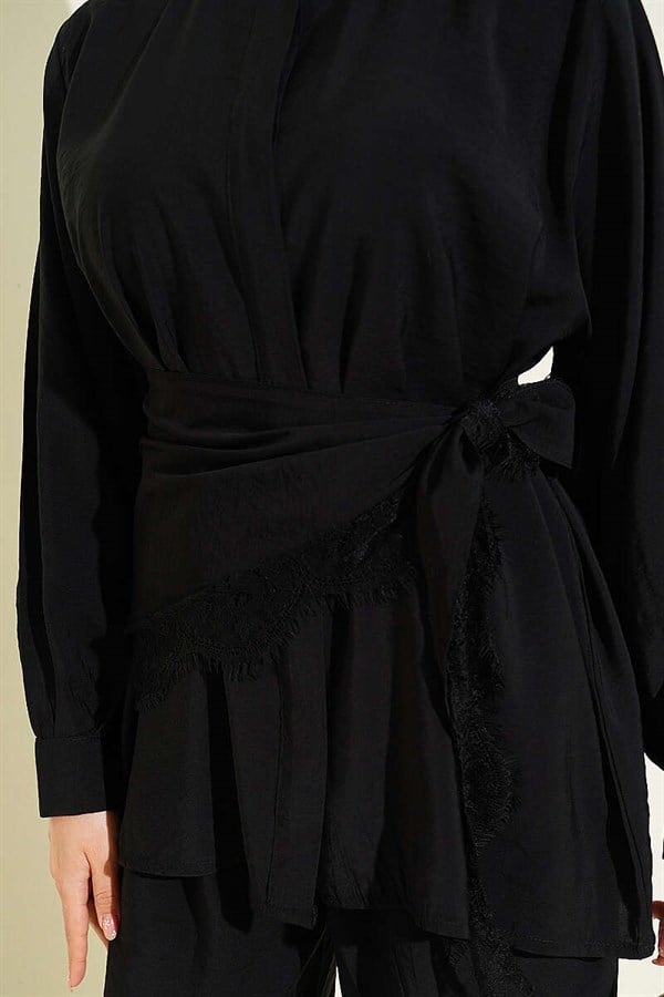 Lace Shawl Detail Hidden Button 2 Piece Set Black