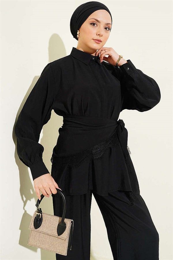 Lace Shawl Detail Hidden Button 2 Piece Set Black