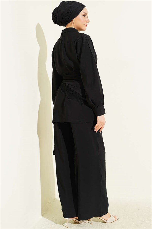 Lace Shawl Detail Hidden Button 2 Piece Set Black