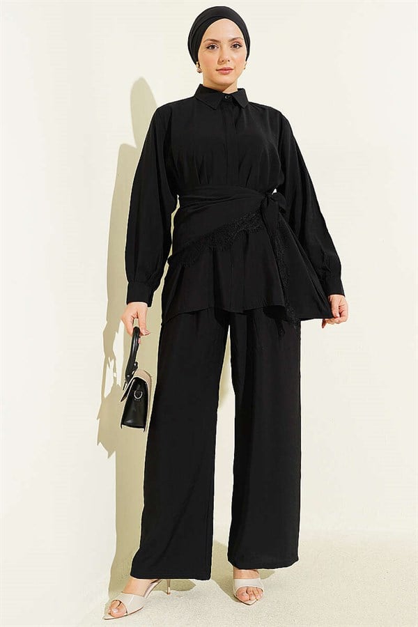 Lace Shawl Detail Hidden Button 2 Piece Set Black