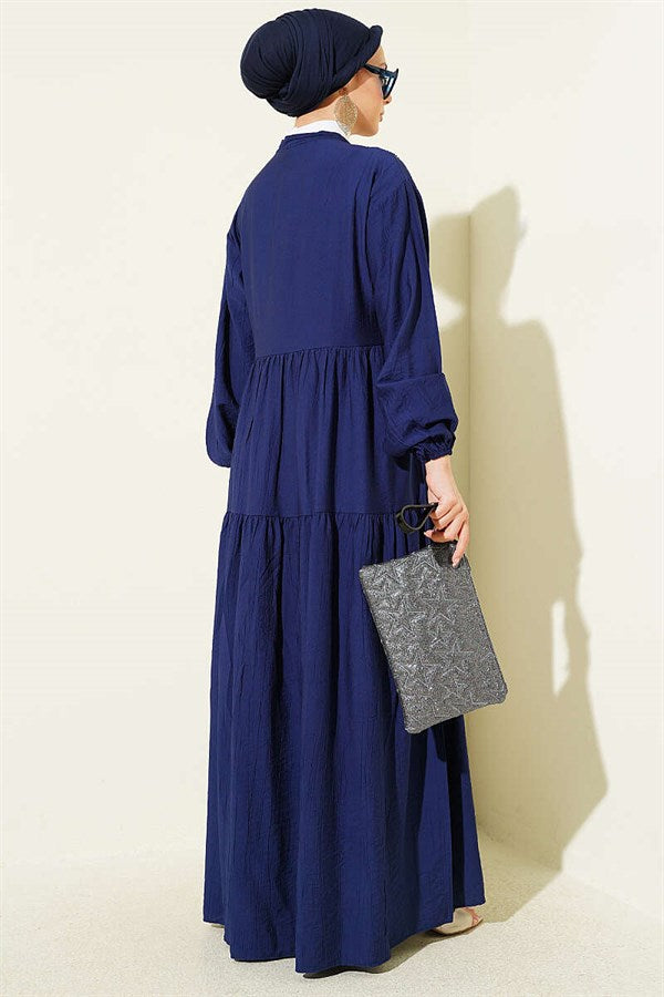 Navy Blue Buttoned Layered Dress with Lace Trim Detail