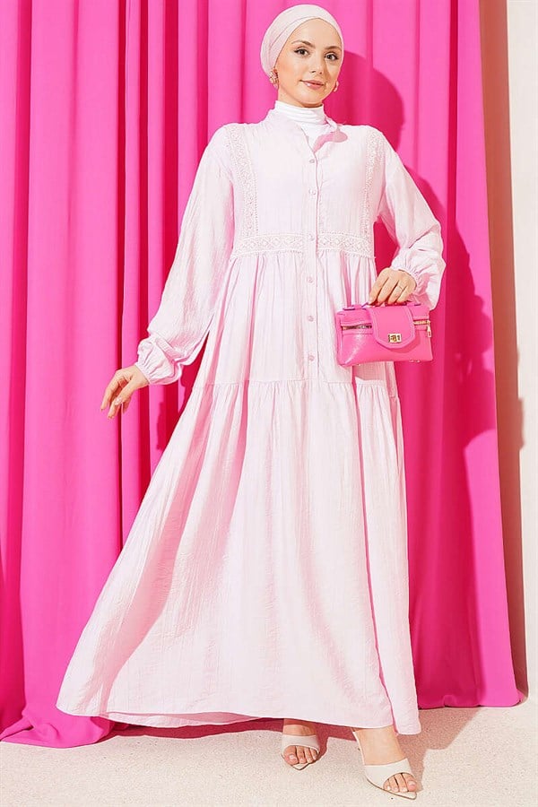 Pink Buttoned Layered Dress with Lace Trim Detail