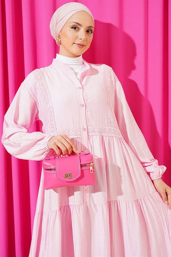 Pink Buttoned Layered Dress with Lace Trim Detail
