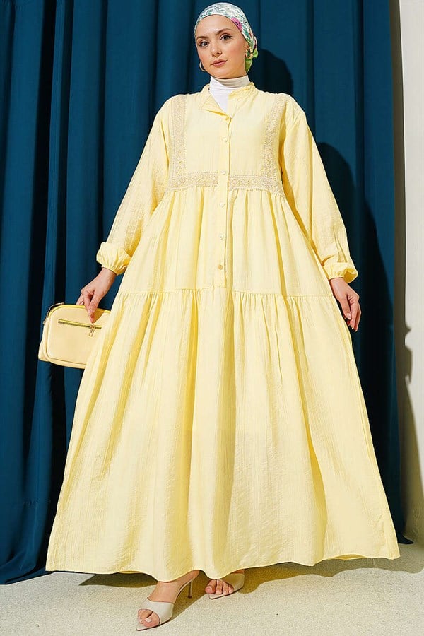 Lace Trim Detail Buttoned Layered Dress Yellow