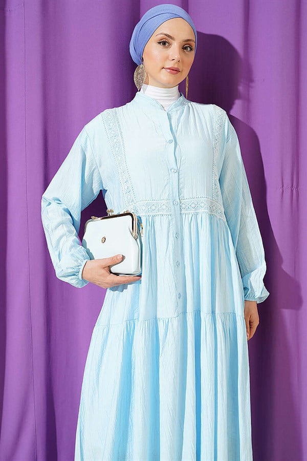 Lace Trim Detail Buttoned Layered Dress Blue