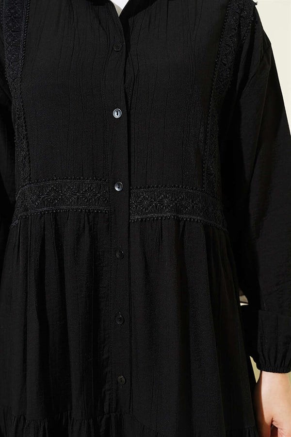 Lace Trim Detail Buttoned Layered Dress Black