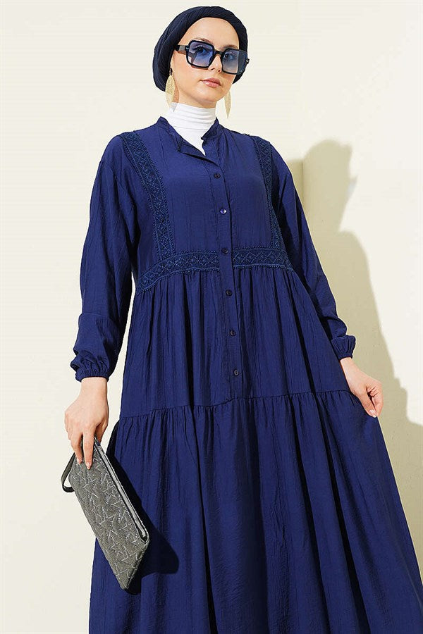 Navy Blue Buttoned Layered Dress with Lace Trim Detail