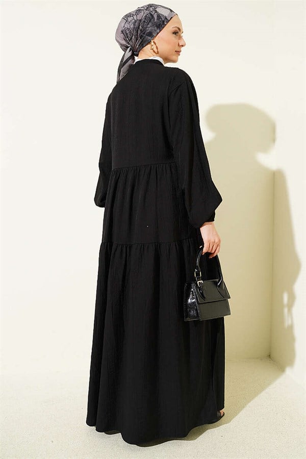 Lace Trim Detail Buttoned Layered Dress Black