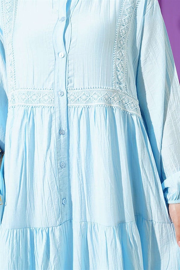 Lace Trim Detail Buttoned Layered Dress Blue