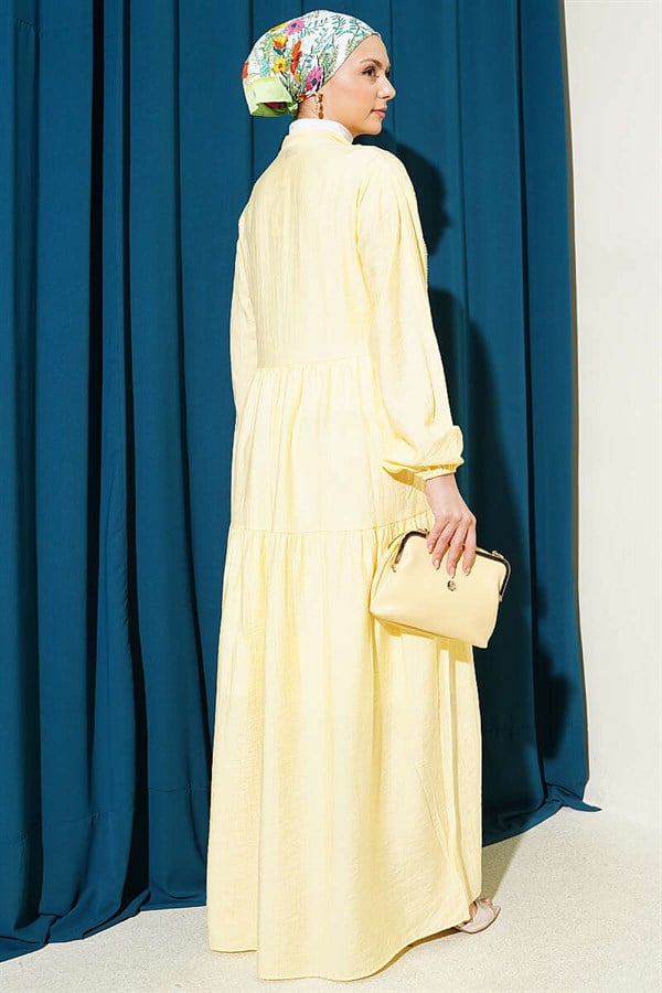 Lace Trim Detail Buttoned Layered Dress Yellow