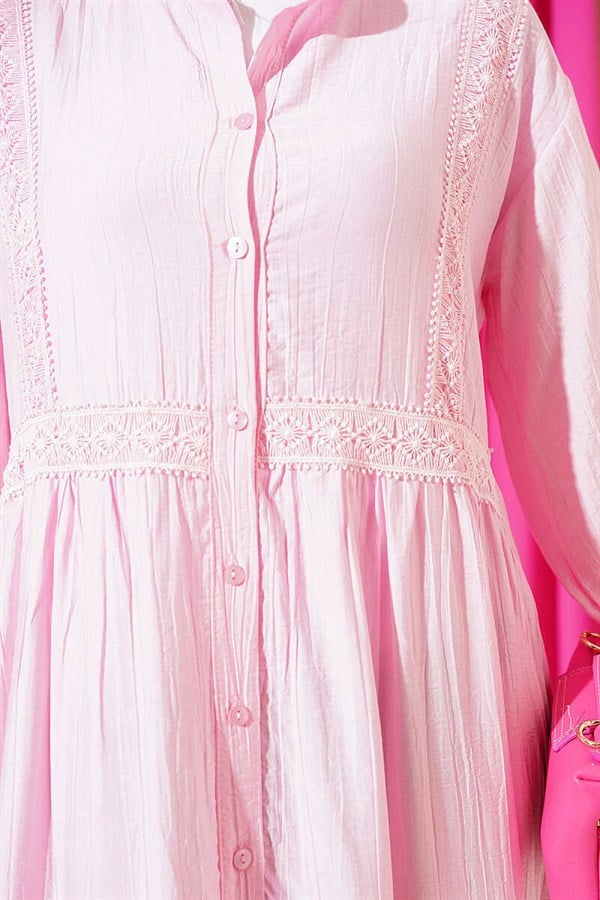 Pink Buttoned Layered Dress with Lace Trim Detail