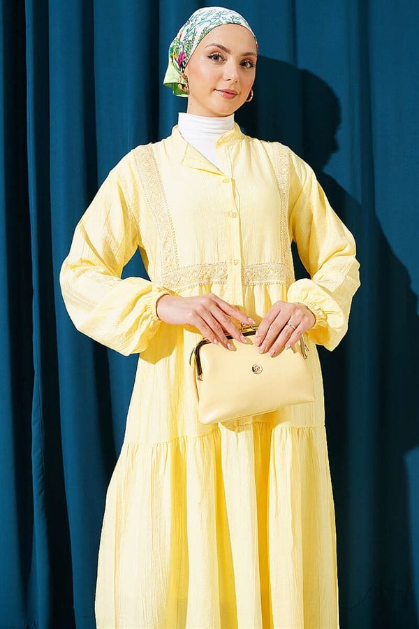 Lace Trim Detail Buttoned Layered Dress Yellow