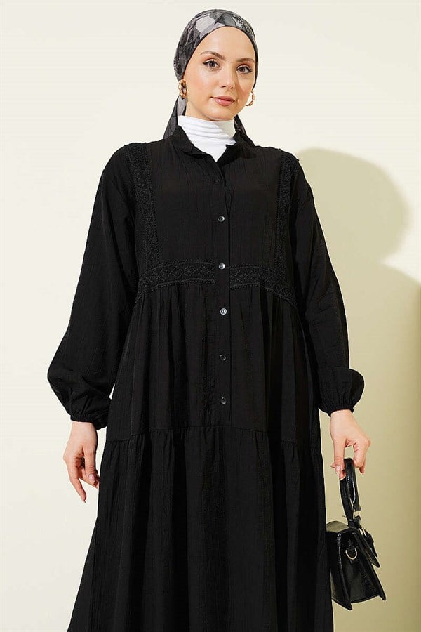 Lace Trim Detail Buttoned Layered Dress Black