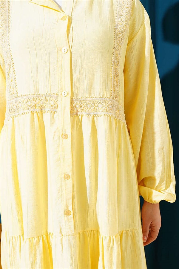 Lace Trim Detail Buttoned Layered Dress Yellow