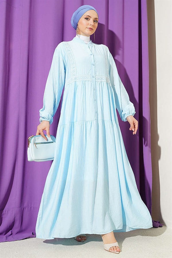 Lace Trim Detail Buttoned Layered Dress Blue