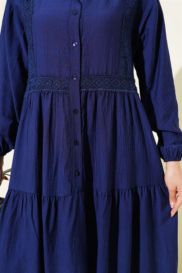 Navy Blue Buttoned Layered Dress with Lace Trim Detail