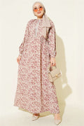 Lace-trimmed Cuff Button Dress, Beige