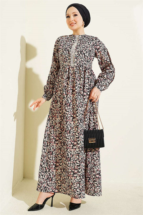 Lace-trimmed Cuff Button Dress, Black