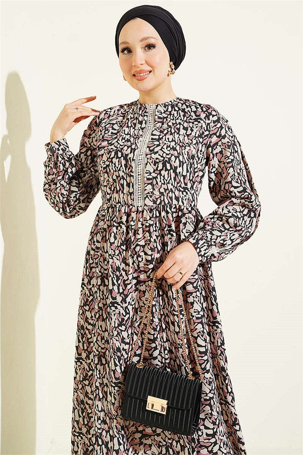 Lace-trimmed Cuff Button Dress, Black