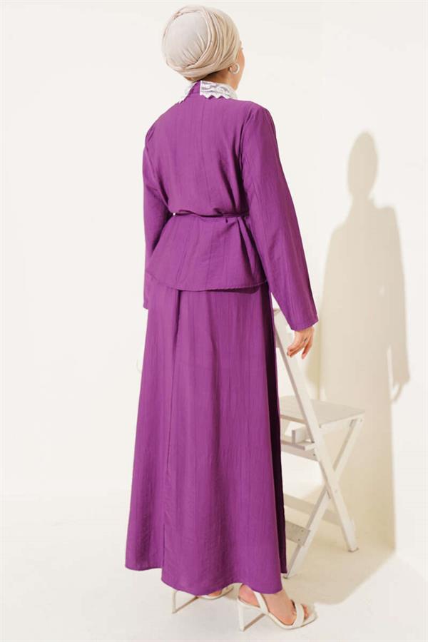Lace Collar Skirted 2 Piece Set Magenta