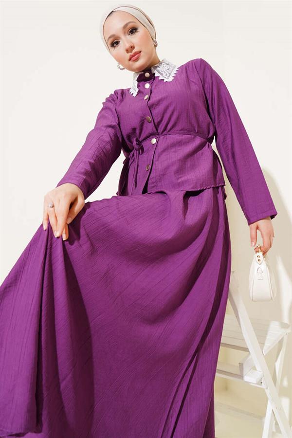 Lace Collar Skirted 2 Piece Set Magenta