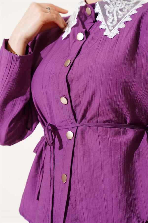 Lace Collar Skirted 2 Piece Set Magenta