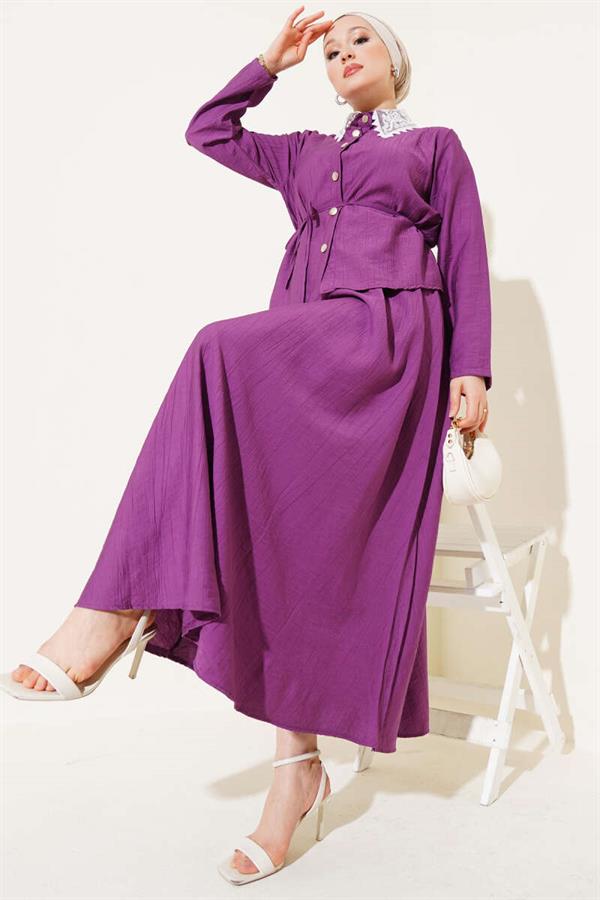 Lace Collar Skirted 2 Piece Set Magenta