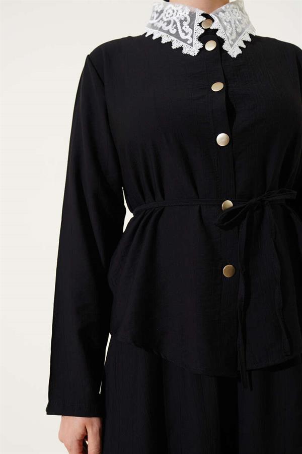 Lace Collar Skirted 2 Piece Set Black