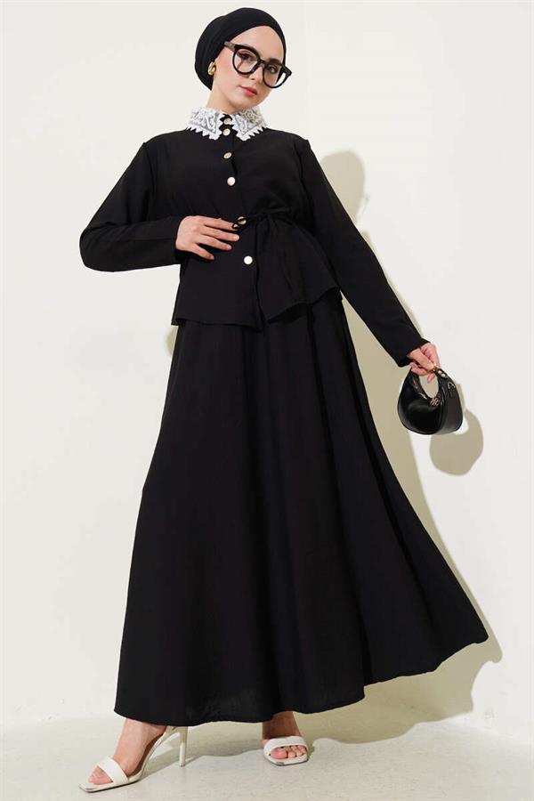 Lace Collar Skirted 2 Piece Set Black