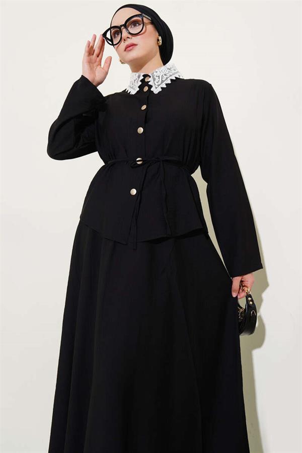 Lace Collar Skirted 2 Piece Set Black