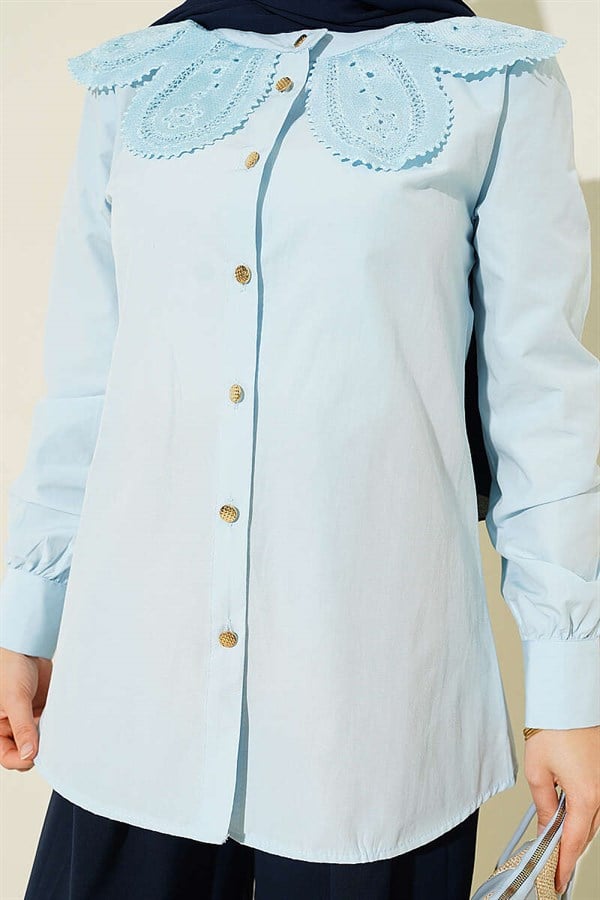 Lace-trimmed Peter Pan Collar Poplin Shirt, Baby Blue