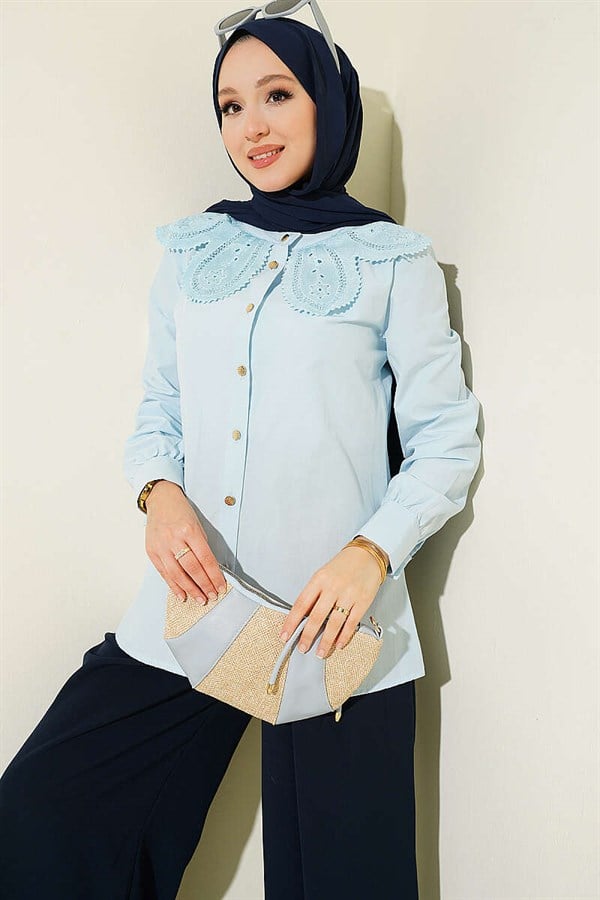 Lace-trimmed Peter Pan Collar Poplin Shirt, Baby Blue