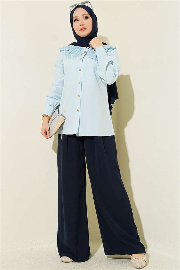 Lace-trimmed Peter Pan Collar Poplin Shirt, Baby Blue