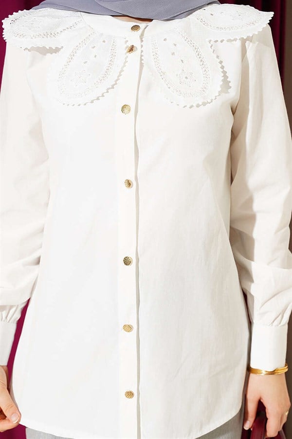 Lace-trimmed Peter Pan Collar Poplin Shirt, Ecru