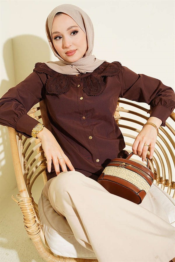 Lace-trimmed Peter Pan Collar Poplin Shirt, Brown