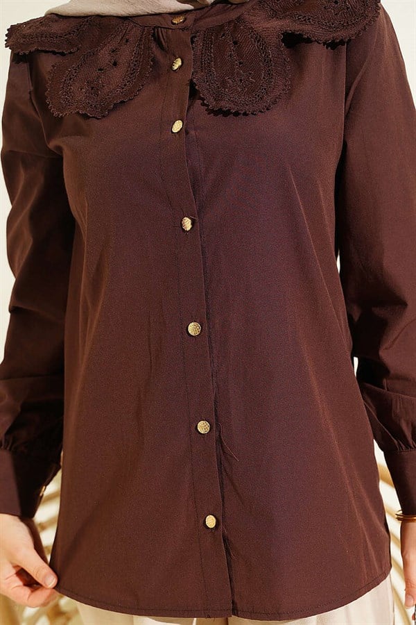 Lace-trimmed Peter Pan Collar Poplin Shirt, Brown